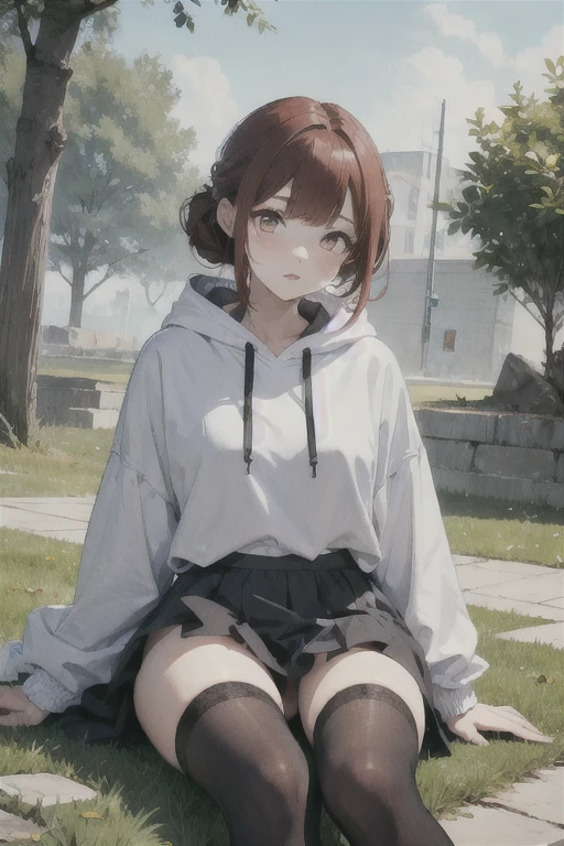 1 girl, Redhead, Updo, Facial hair stripes, Red eyes, mascara, Oversized hoodie, Thighs、skirt, Sagging under the eyes, Sitting、Her hands are hidden between her legs、 Ground angle shot, Viewers looking up, feet in tights, Impact, 8k, masterpiece,