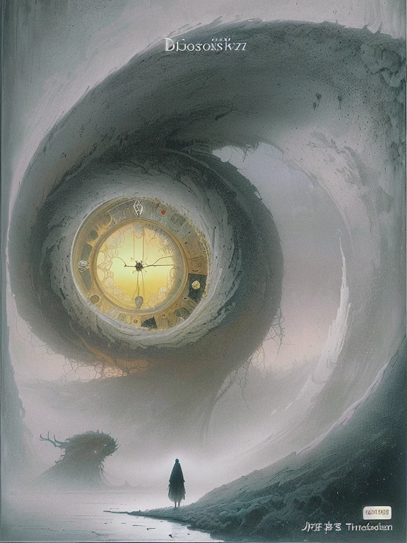 In the painting, a woman stands in front of a spiral clock and looks into the distance., A huge silhouette behind the spiral clock,They looked at each other,Zdzislaw Bieksinski, The illusion of time bending, Time vortex in the background, Zdzislav Beksiesensky, passing of the times, Zzislaw Beksinski, Art stylezdzisław beksiński