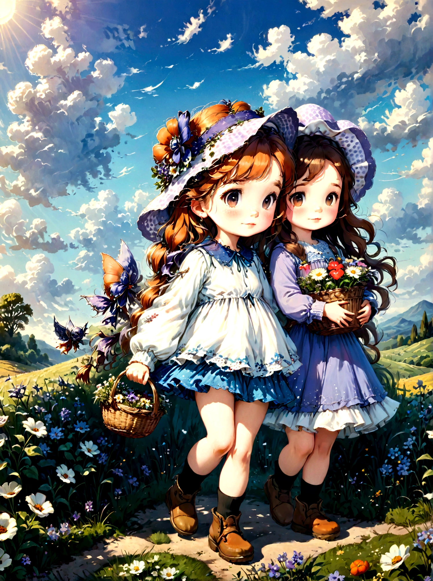(a beautiful scene in the style of Sarah Kay, two friends walking and searching for flowers, carrying a basket, beautiful, magical, idyllic, dreamy, cheerful), 1girl, 1girl, flower basket, meadow, blue sky, fluffy clouds, golden sunlight, serene expression, long hair, detailed floral dress, detailed hair, detailed face, detailed hands, realistic lighting, photorealistic, highly detailed, masterpiece, best quality, 4k, 8k, highres, (ultra-detailed), (realistic:1.37), studio lighting, vivid colors, warm color palette