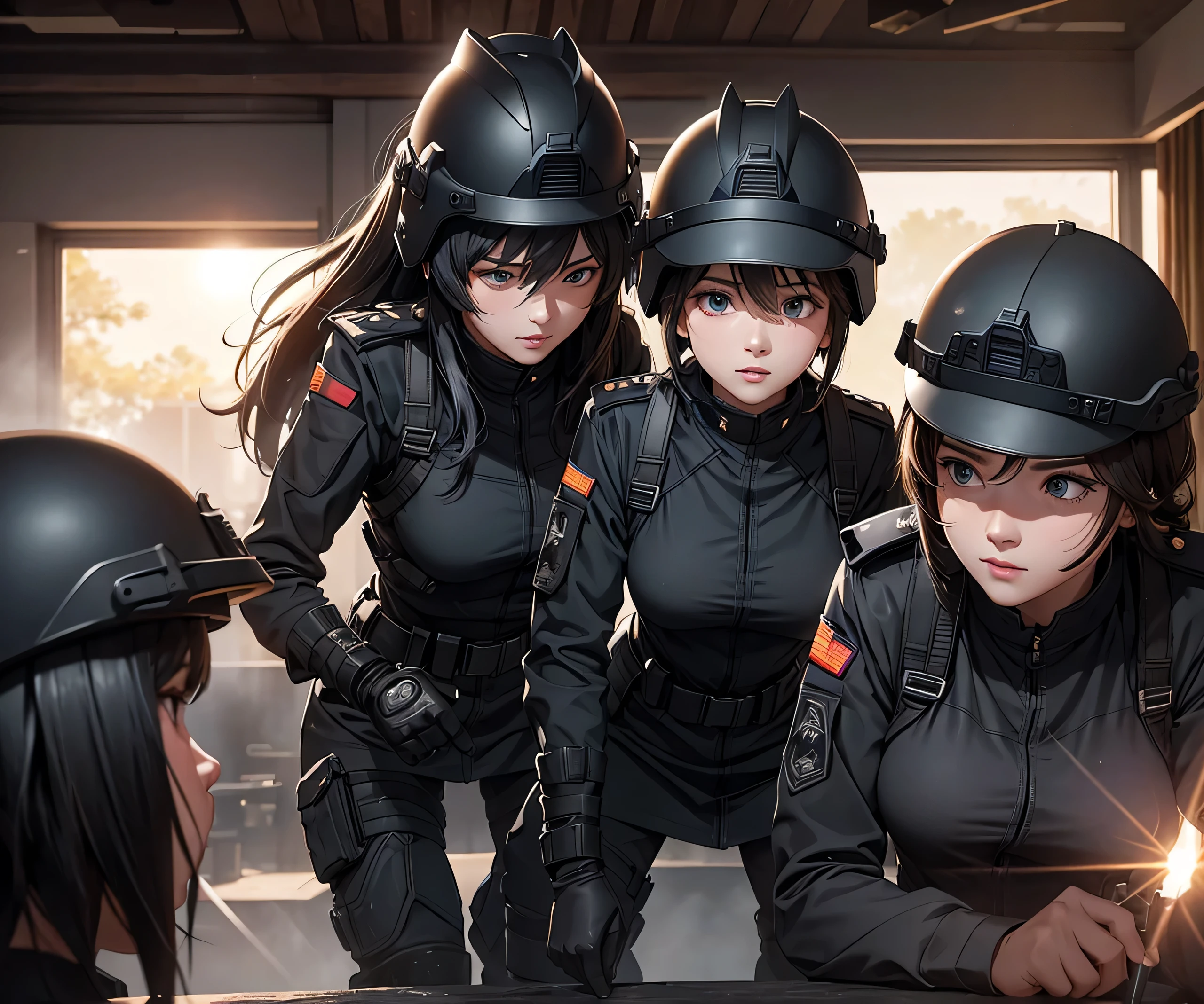 Three female soldiers on patrol、Wear a black helmet、Wearing black M-15 military uniform、Only the upper part of the leg is shown、Write details、masterpiece、best quality、Highly detailed CG、8K picture quality、theater lighting、lens flare