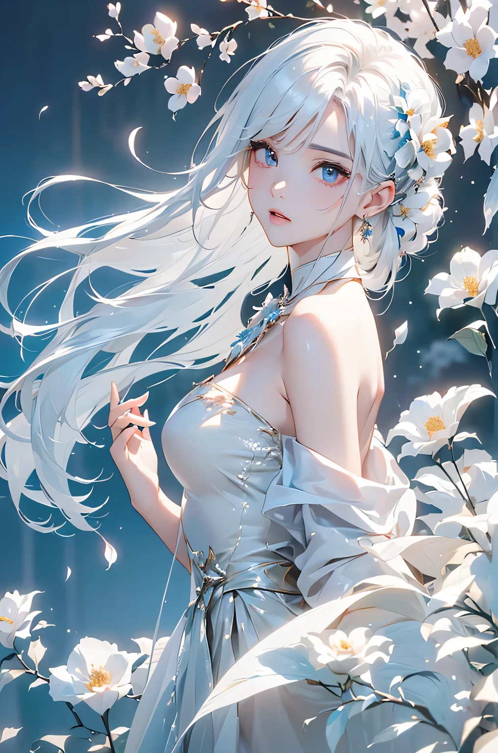 ((From the waist up))((masterpiece:1.5、8k、Portraiture、Photorealistic and very detailed CG、Very detailed、Particle Effects、Dynamic Effects、Written boundary depth、Cinematic Light、Lens flare、Ray Tracing、Tabletop、Realistic、超A high resolution:1.2)((alone、,Woman in off-the-shoulder dress:1.4、Model-like pose、Beautiful medium sized breasts、Detailed face、brightexpression、young, bright, Whiter skin、Best Looks、Ultimate beauty、White hair with shiny highlights:1.8、bright and shiny hair,、Super long, Silky straight hair、Hair swaying in the wind))(Wonderful transparent flower々Surrounded by、White Background、Great background、Thin petals fluttering down)