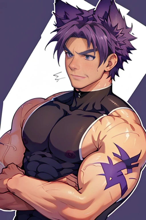 Detailed design of male anime character.  many angles.  detail.  Young man,, white skin, strong muscles, wolf ears Purple-haired muscular guy.  