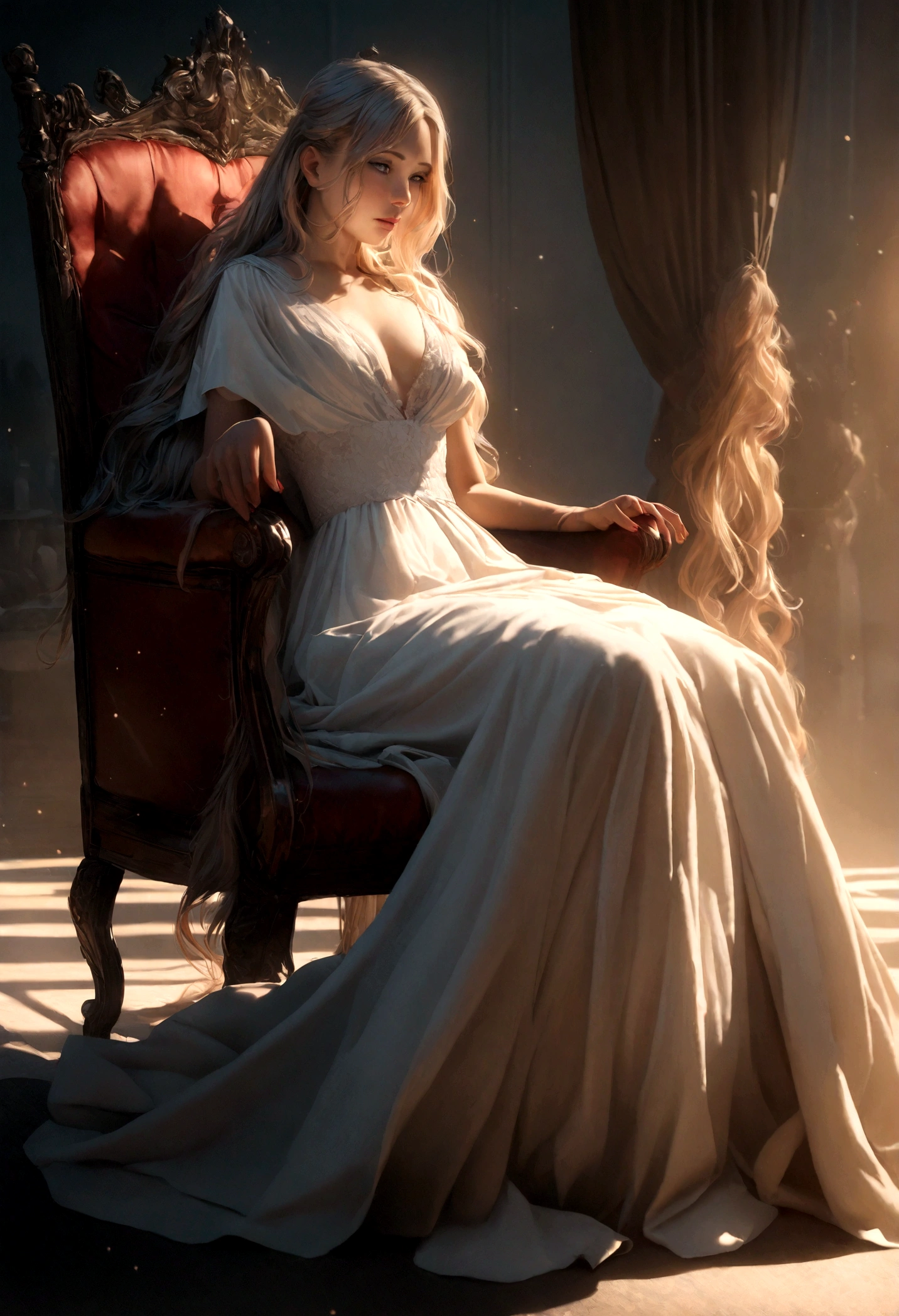 beautiful detailed woman, cute, sensual, beautiful eyes, kneeling for man sitting in chair, 1girl, detailed facial features, long flowing hair, elegant dress, photorealistic, 8k, best quality, highly detailed, vivid colors, dramatic lighting, cinematic composition, romantic atmosphere