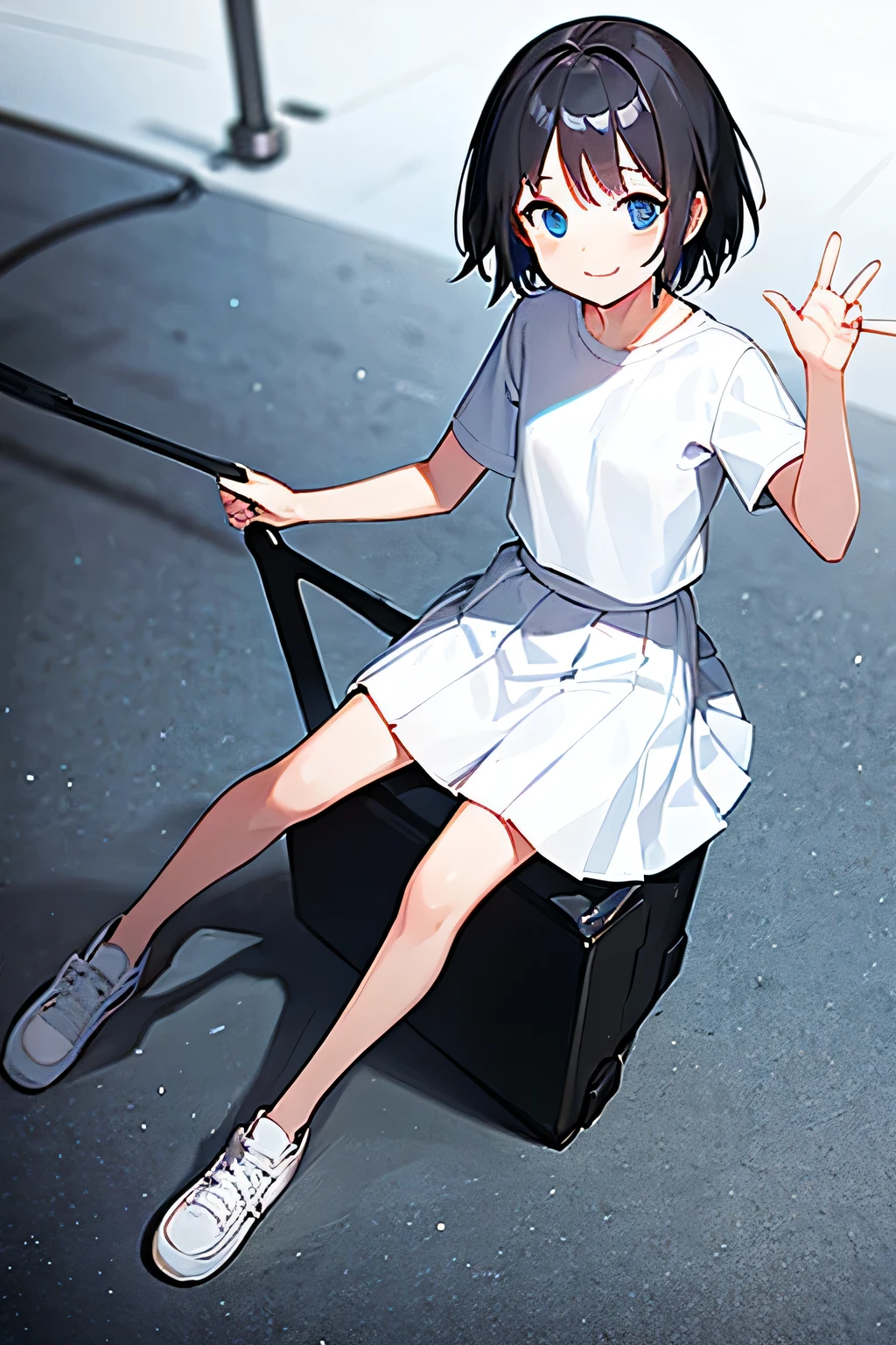 best quality, a girl, happy, smiling, standing, short hair, black hair, blue eyes, , white skirt, t-shirt, 10-year-old, white background, full body shot