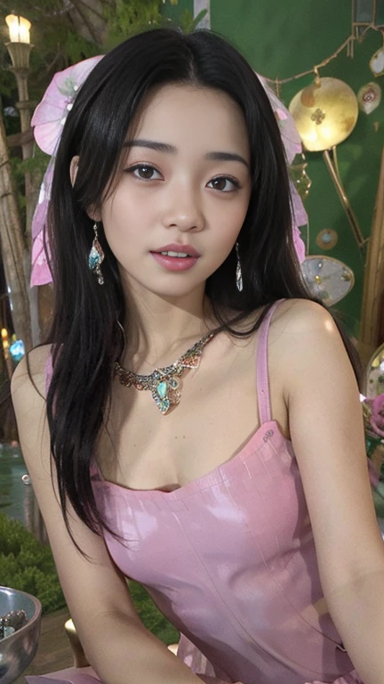 8K, ultra hd, masterpiece, 1 girl, (good face:1.4), detailed eyes, long hair, impressive hairstyle, earings, necklace, small breasts, (pink dress:1.5), see-through, (fantasy dress:1.5) Light-colored foundation brings out the transparency of the skin, (in the wonderland:1.5), mystery, diwali lights, glowing lights, very decoration, The lights falls like water, perfect front body,