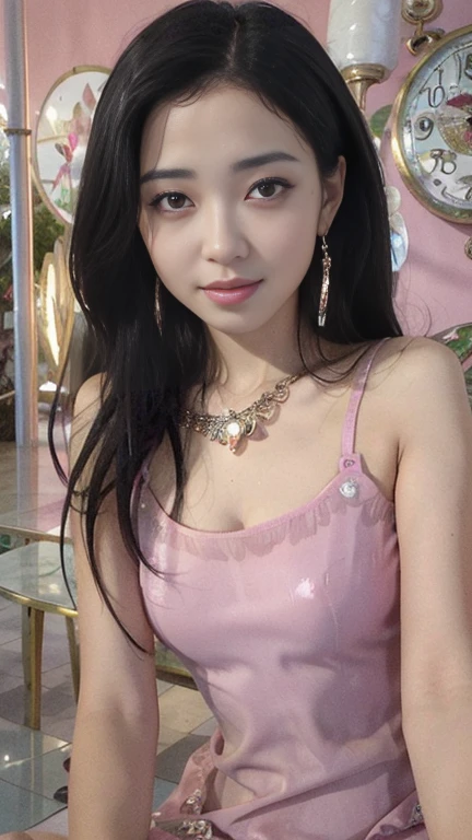 8K, ultra hd, masterpiece, 1 girl, (good face:1.4), detailed eyes, long hair, impressive hairstyle, earings, necklace, small breasts, (pink dress:1.5), see-through, (fantasy dress:1.5) Light-colored foundation brings out the transparency of the skin, (in the wonderland:1.5), mystery, diwali lights, glowing lights, very decoration, The lights falls like water, perfect front body,