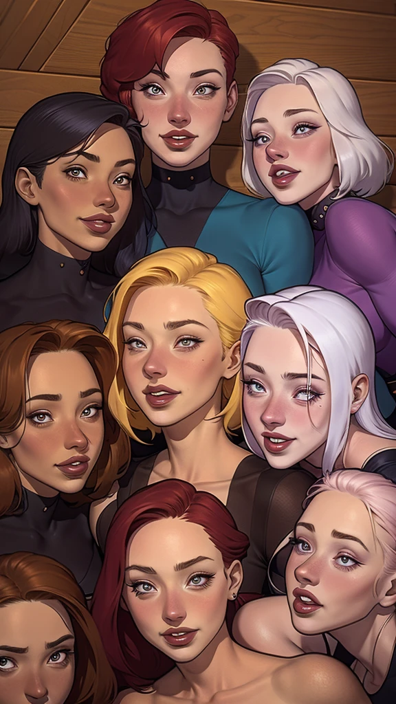 Criar imagem de modo retrato com contornos de linhas das bordas grossas personagen com tipos variados de cabelos e tons em imagem diferentes, com um sorriso no rosto, retratada da cintura pra cima