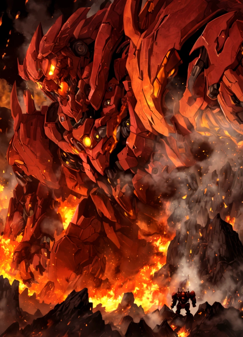 solo, super robot, Evil villains, giant robots that destroy the world, red demonic mecha with flames, a mecha with face, fire golem creature, destructive colossal mecha as background, lava mecha, fire elemental, mecha vore art epic digital painting, epic full color illustration, background artwork
