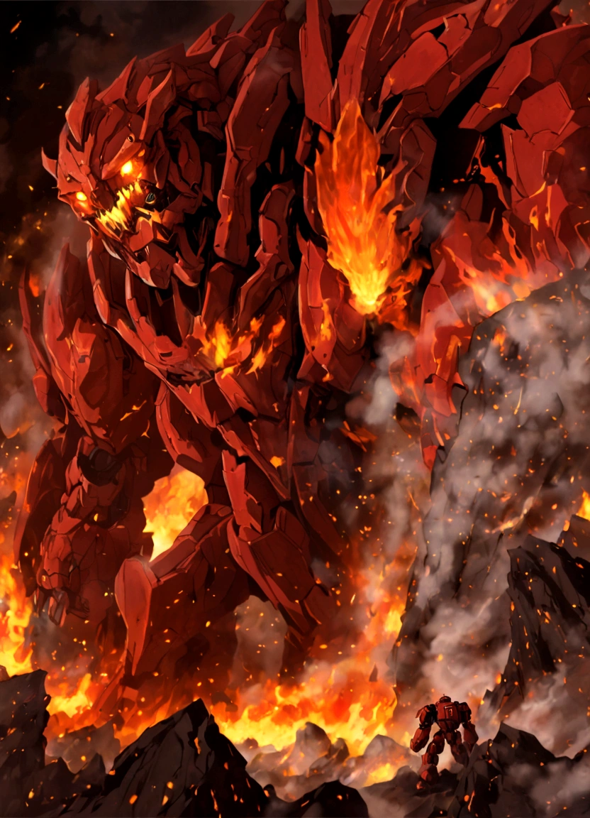 solo, super robot, Evil villains, giant robots that destroy the world, red demonic mecha with flames, a mecha with face, fire golem creature, destructive colossal mecha as background, lava mecha, fire elemental, mecha vore art epic digital painting, epic full color illustration, background artwork