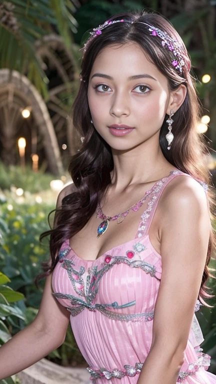 8K, ultra hd, masterpiece, 1 girl, (good face:1.4), detailed eyes, long hair, impressive hairstyle, earings, necklace, small breasts, (pink dress:1.5), see-through, (fantasy dress:1.5) Light-colored foundation brings out the transparency of the skin, (in the wonderland:1.5), mystery, diwali lights, glowing lights, very decoration, The lights falls like water, perfect front body,