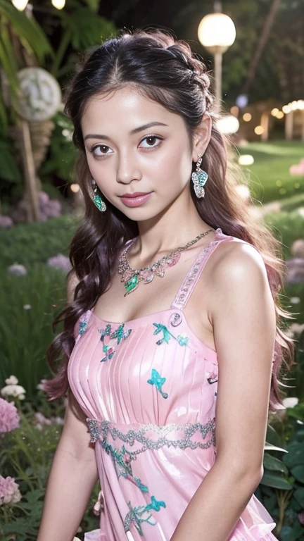 8K, ultra hd, masterpiece, 1 girl, (good face:1.4), detailed eyes, long hair, impressive hairstyle, earings, necklace, small breasts, (pink dress:1.5), see-through, (fantasy dress:1.5) Light-colored foundation brings out the transparency of the skin, (in the wonderland:1.5), mystery, diwali lights, glowing lights, very decoration, The lights falls like water, perfect front body,