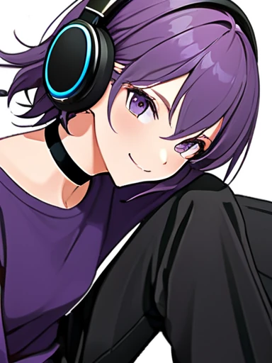 High-resolution anime digital art, Masterpiece, half body on frame, tomboy, mature, sexy, smart, hair color black, hairstyle short, real detail eyes pupil purple, long purple plain shirt, black chokers, black headphone wireless, black long pants, black shoes, black sock, Happy face (simple background, white background)