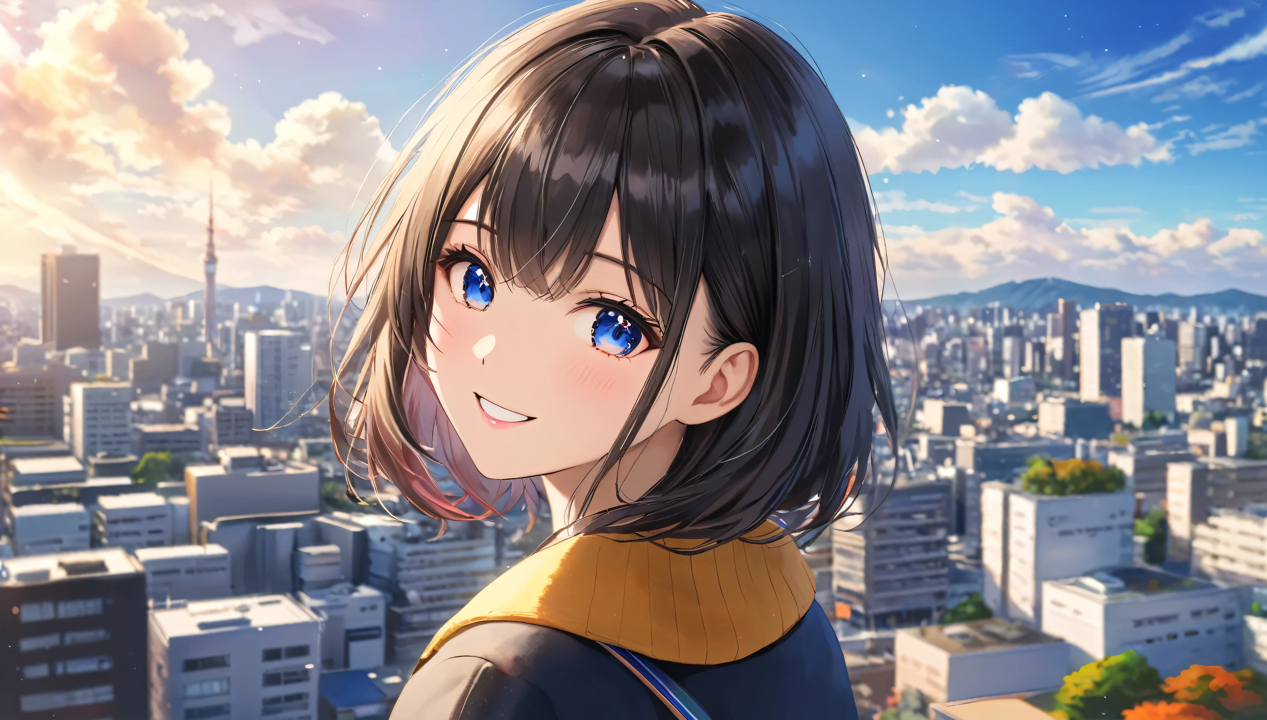 Downtown Tokyo, Sunny sky with fluffy white clouds, Building district, Blur the background,High school girl with black hair, Wearing a high ,smile,Glitter effect,highest quality, 4K, 8k, High resolution, masterpiece:1.2, Very detailed, Realistic:1.37, High resolution, 超High resolution, Studio Lighting, Ultra-fine painting, Sharp focus, Physically Based Rendering, Very detailed explanation, Professional, Vibrant colors, Portraiture, landscape, photograph. Blue dominates the color palette