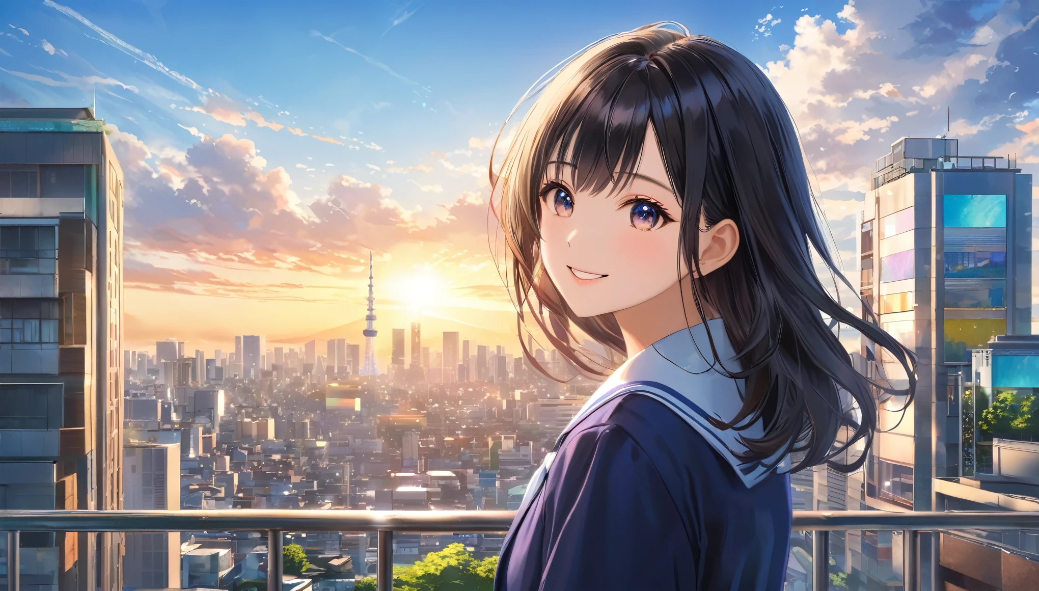 Downtown Tokyo, Sunny sky with fluffy white clouds, Building district, Blur the background,High school girl with black hair, Wearing a high ,smile,Glitter effect,highest quality, 4K, 8k, High resolution, masterpiece:1.2, Very detailed, Realistic:1.37, High resolution, 超High resolution, Studio Lighting, Ultra-fine painting, Sharp focus, Physically Based Rendering, Very detailedな説明, Professional, Vibrant colors, Portraiture, landscape, photograph. Blue dominates the color palette