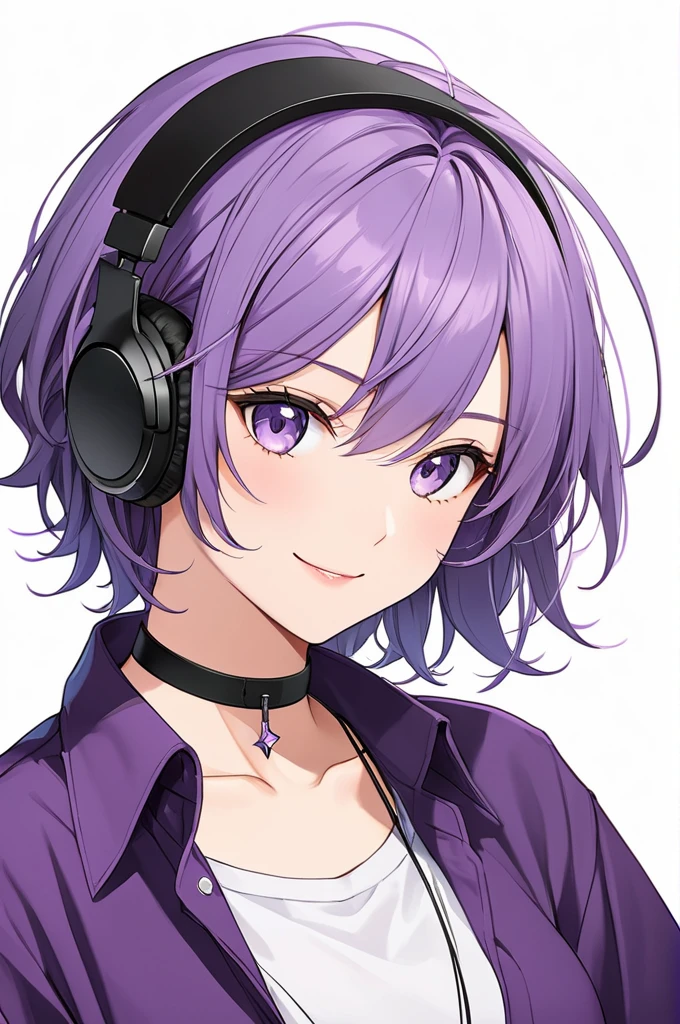 High-resolution anime digital art, Masterpiece, upper body, tomboy, mature, sexy, smart, hair color black, hairstyle short, real detail eyes pupil purple, long purple plain shirt, black chokers, black headphone wireless, Happy face (simple background, white background)