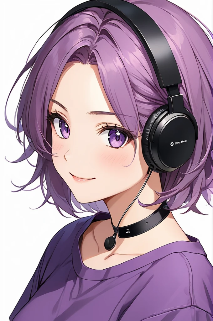 High-resolution anime digital art, Masterpiece, upper body, tomboy, mature, sexy, smart, hair color black, hairstyle short, real detail eyes pupil purple, long purple plain shirt, black chokers, black headphone wireless, Happy face (simple background, white background)