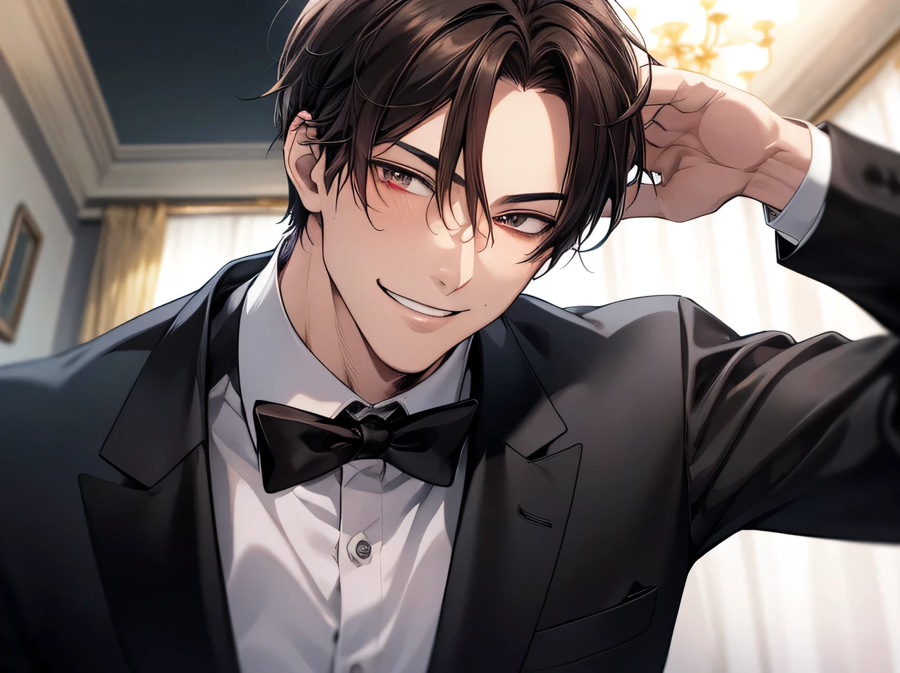 (Dark Room)、Moon night,Dynamic Angle,masterpiece,Face close-up,Angle from below,male, 40 years old,(male1 person)、alone,Adult,Rin々Funny face,Sharp Eye,Evil smile brown hair,all back,Kakiage,A nice black tuxedo,sweating,,smile,An inappropriate smile,Background mansion room,night,