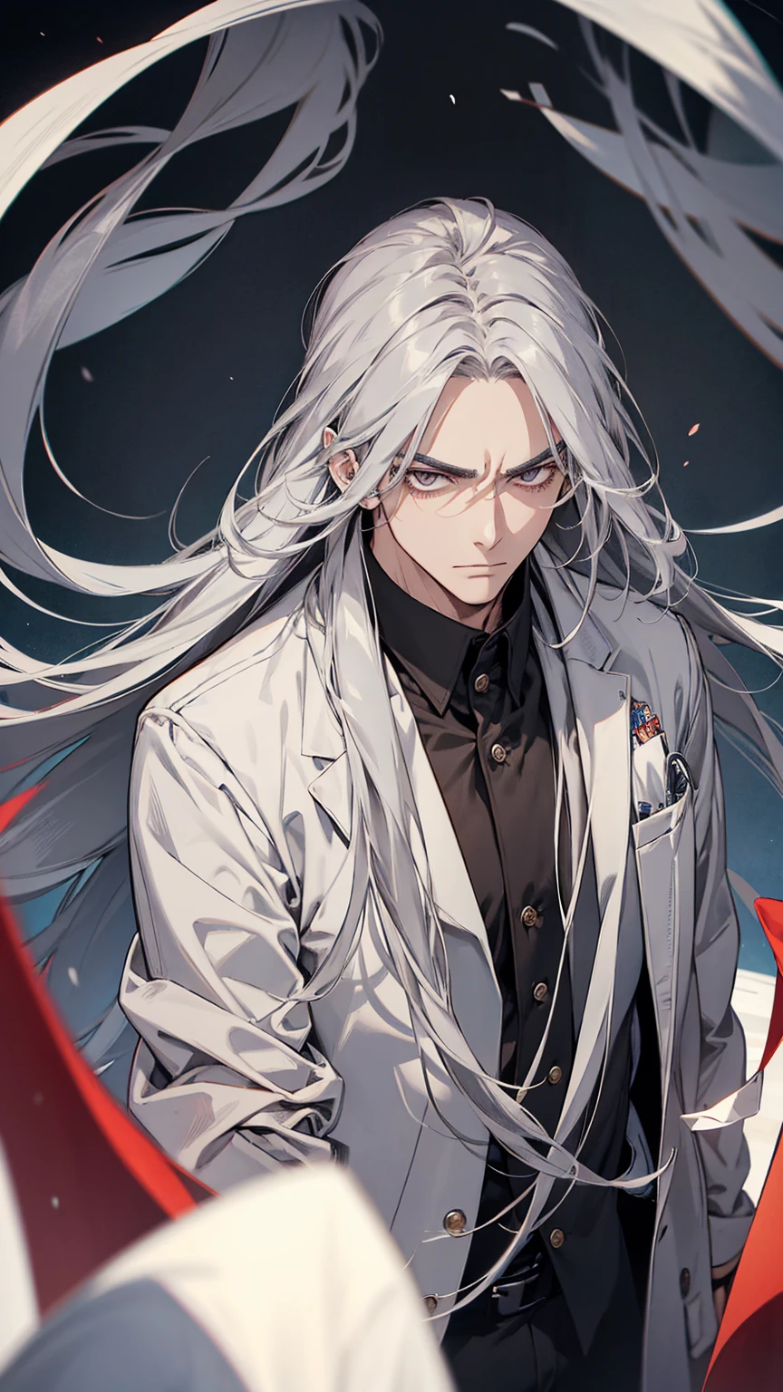 1man, gray hair, very long straight hair, gray eyes, doctor,slanted eyes,serious face,best quality, high quality, masterpiece,in TOKYO city