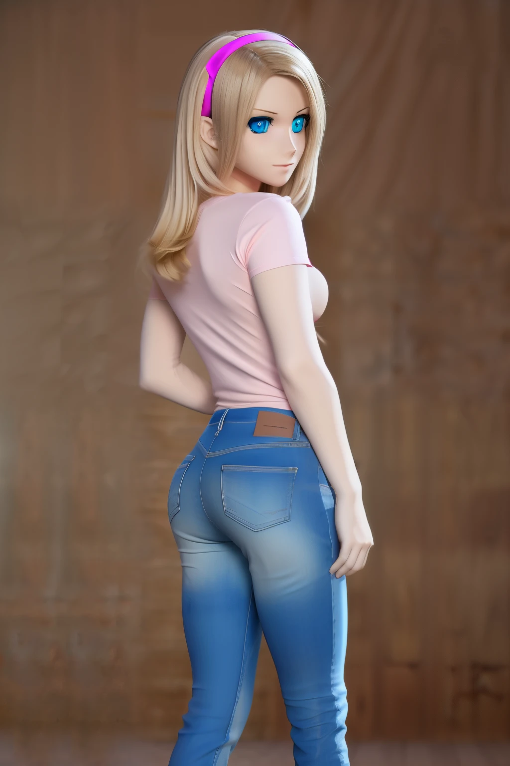 ultra high definition, highres, very detailed, animatronic housewife, blond hair, blue eyes, pink shirt, pink hairband, jeans, glowing eyes, standing erect, nsfw