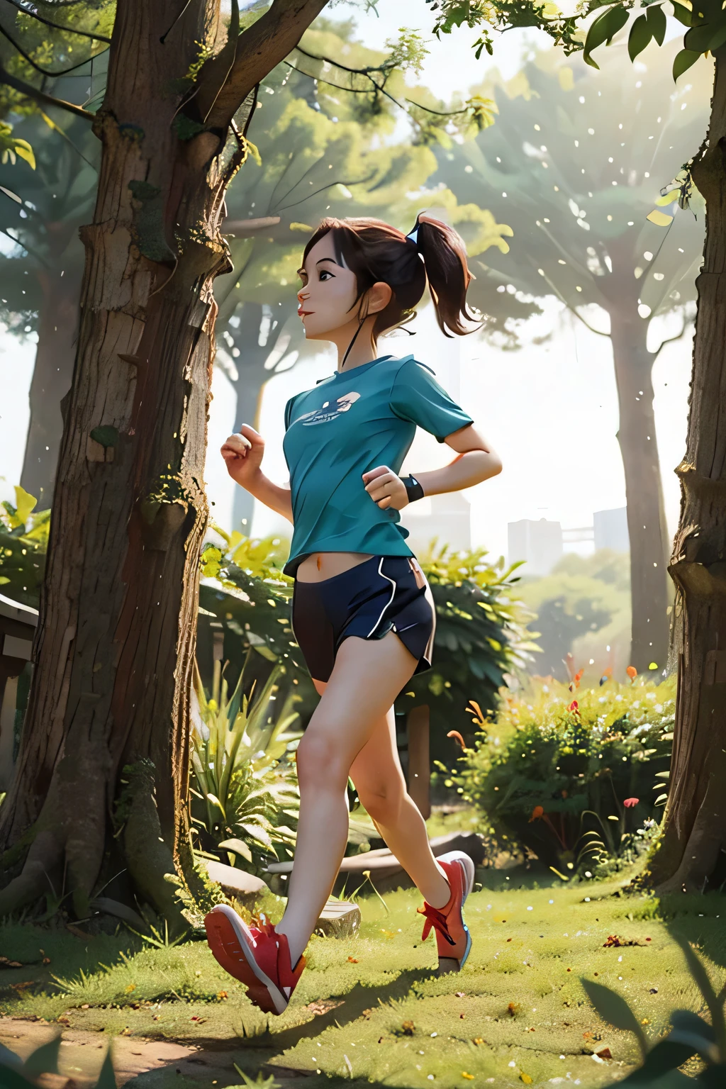 one person,Wearing short sleeves,running in the park,There is grass around,forest。Profile,Side face view,Full body picture。Anime real person picture