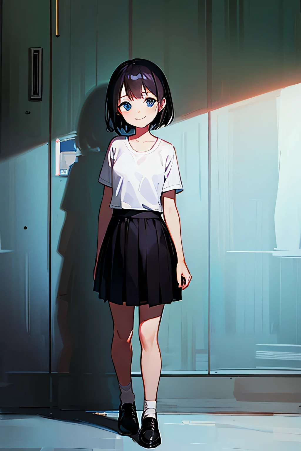 best quality, a girl, happy, smiling, standing, short hair, black hair, blue eyes, , skirt, t-shirt, 10-year-old, white background, full body shot