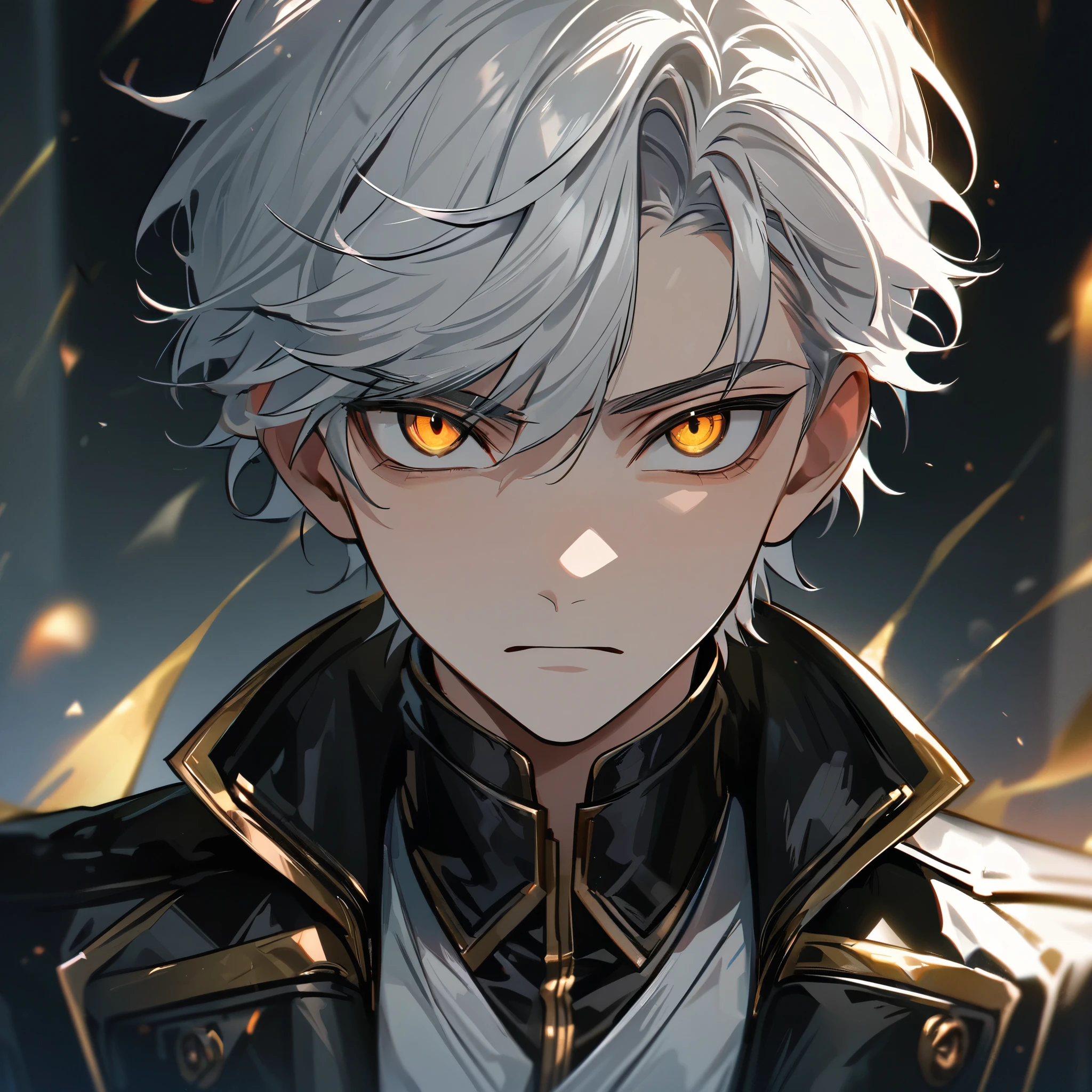 High quality, HD, 4k, handsome male, 1male, 17 years old, teenager, golden lining, short white hair, sharp eyes, gold eyes, devil may cry, close up, calm expression, stoic expression, black leather clothes, white leather clothing, upper body, looking at viewer, cowboy shot
