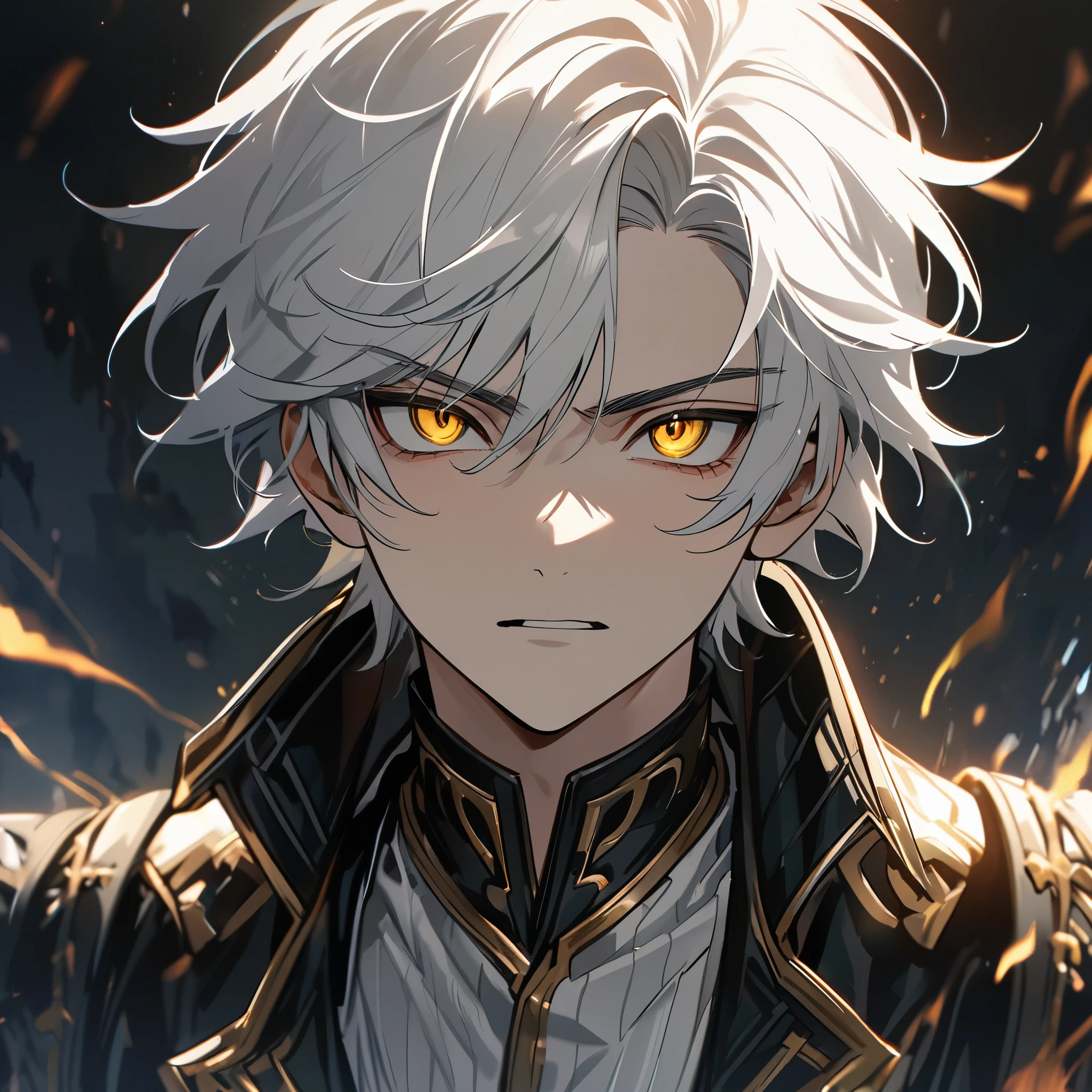 High quality, HD, 4k, handsome male, 1male, 17 years old, teenager, golden lining, short white hair, sharp eyes, gold eyes, devil may cry, close up, calm expression, stoic expression, black leather clothes, white leather clothing, upper body, looking at viewer, cowboy shot