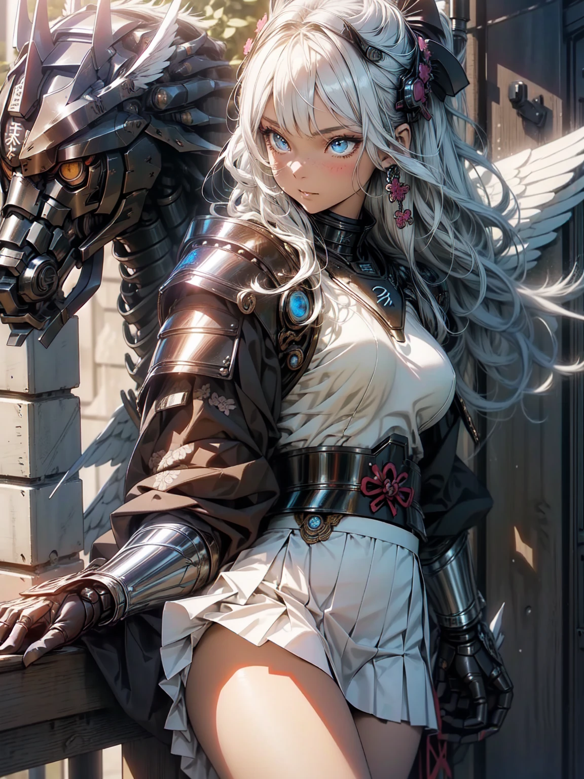 (Subtle manga style:1.1), Cool Beauty, (One Woman:1.0), (20-year-old:1.0), (Medium breast:1.2), Outdoor, Day, sunny, Outdoor、Over European cities, (Cowboy Shot:1.0), (Written boundary depth:1.1), (From the side: 0.7), (From above:1.0), Blake、（Anime Face:1.0), (Clear blue eyes:1.0), (Cybernetic Genoid:1.1), (Very detailed mech suit:1.3), (Long golden hair:1.0), (black luxury samurai kimono）、(White Luxury Armor Skirt:1.3), (Decorative embroidery:1.0), (Angel Wings:1.1), Shut your mouth.