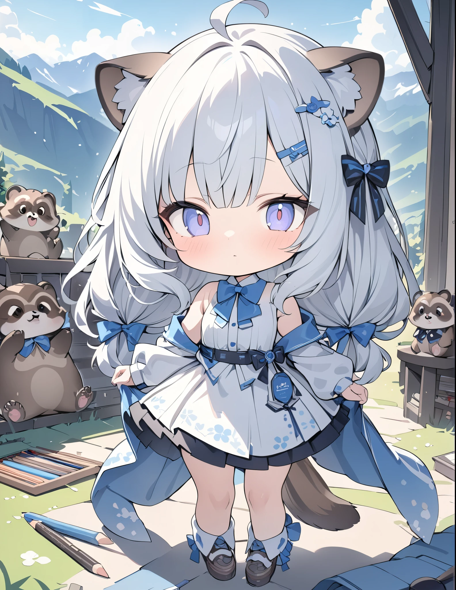 ((style:Colored pencil,pale colour)),UHD, high details, high quality, highres, best quality, 4K, 8k, award winning, masterpiece,Tanuki Village、Lots of cute raccoons、A tanuki transformed into a human girl、cute、In the mountains、Chibi Chara