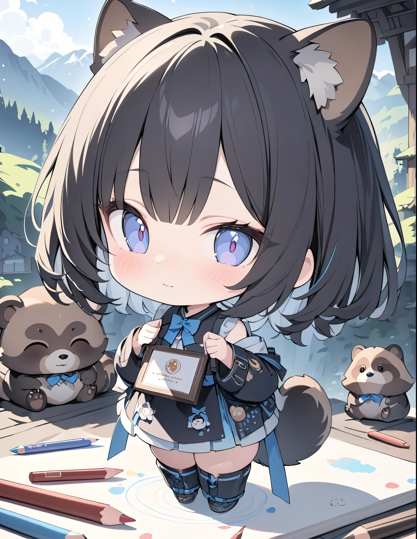 ((style:Colored pencil,pale colour)),UHD, high details, high quality, highres, best quality, 4K, 8k, award winning, masterpiece,Tanuki Village、Lots of cute raccoons、A tanuki transformed into a human girl、cute、In the mountains、Chibi Chara