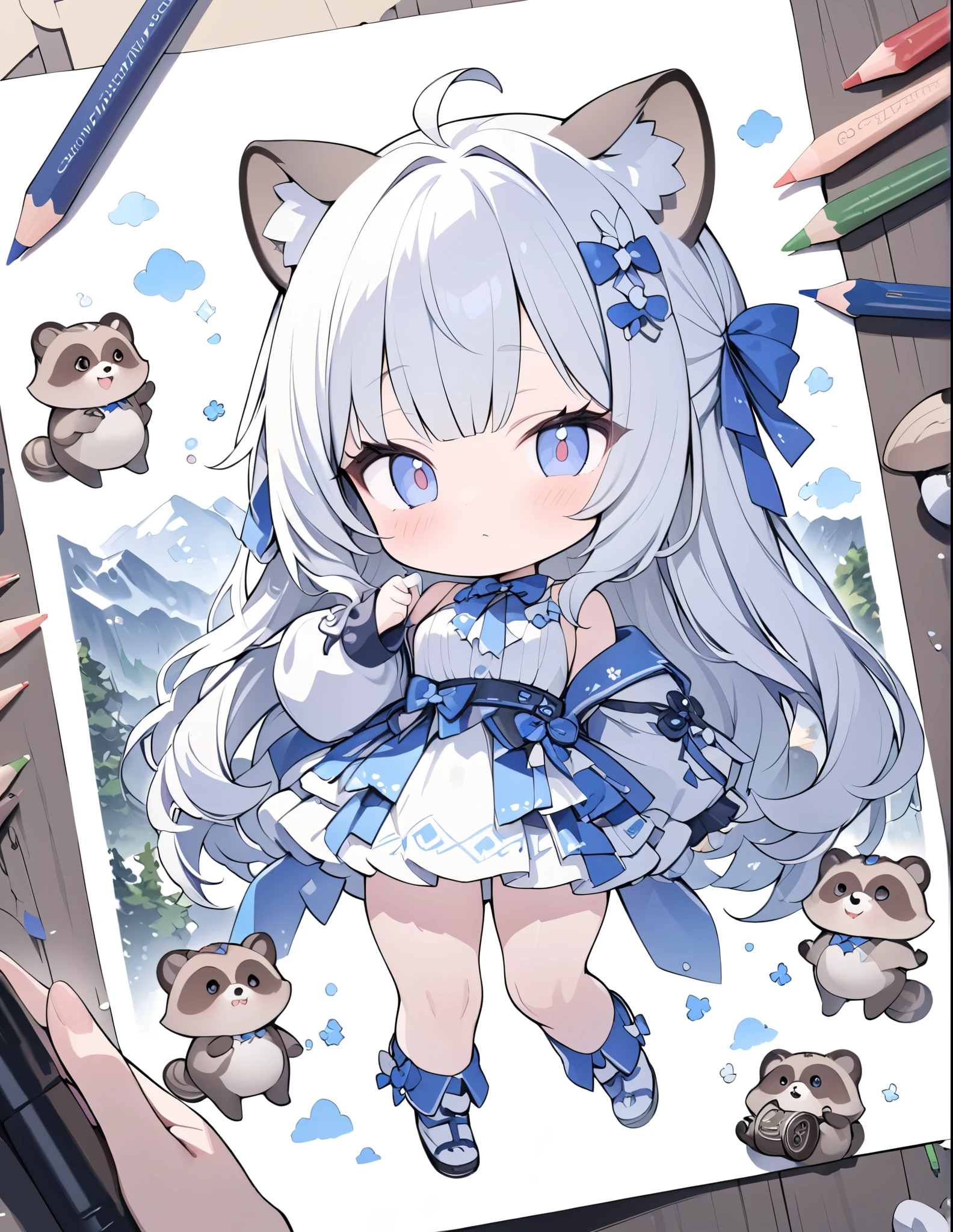 ((style:Colored pencil,pale colour)),UHD, high details, high quality, highres, best quality, 4K, 8k, award winning, masterpiece,Tanuki Village、Lots of cute raccoons、A tanuki transformed into a human girl、cute、In the mountains、Chibi Chara