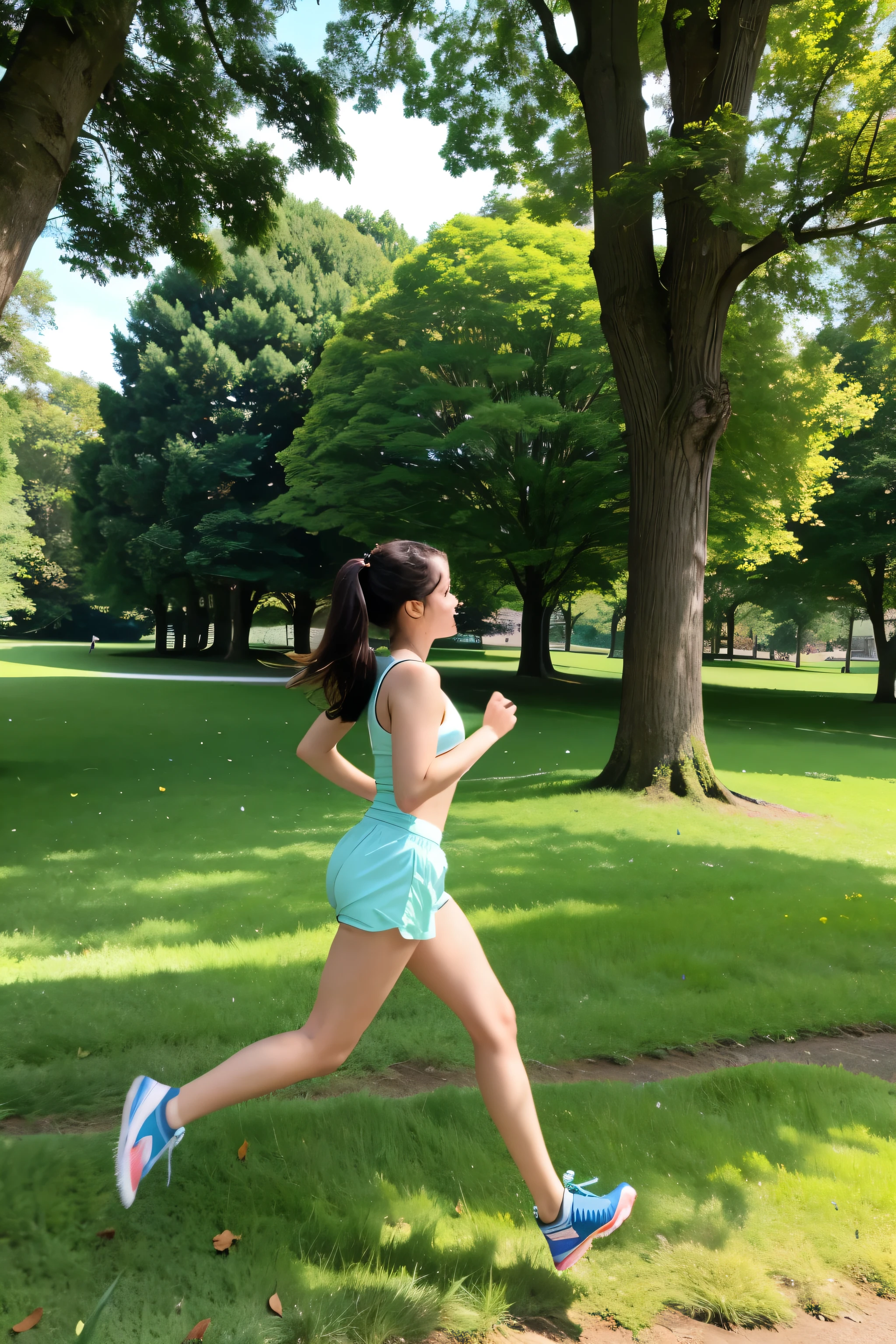 one person，running in the park，There is grass around，forest。Profile，Side face view，Full body picture。Anime real person picture