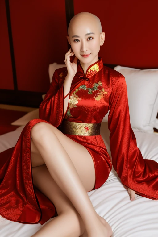 Woman in red lingerie sitting on bed,wearing red robe,Open V chest clothes,Asian nymph bald goddess,wearing sexy lingerie,traditional china,18 years old,Charming and alluring,穿著紅色cheongsam,Chinese clothing,beautiful exotic, interesting costumes, Chinese traditional clothing, Gorgeous Chinese model, Hanfu, cheongsam