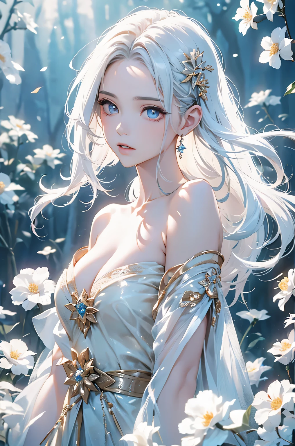 ((From the waist up))((masterpiece:1.5、8k、Portraiture、Photorealistic and very detailed CG、Very detailed、Particle Effects、Dynamic Effects、Written boundary depth、Cinematic Light、Lens flare、Ray Tracing、Tabletop、Realistic、超A high resolution:1.2)((alone、,Woman in off-the-shoulder dress:1.4、Model-like pose、Beautiful medium sized breasts、Beautiful cleavage、Detailed face、brightexpression、young, bright, Whiter skin、Best Looks、Ultimate beauty、White hair with shiny highlights:1.8、bright and shiny hair,、Super long, Silky straight hair、Hair swaying in the wind))(Wonderful transparent flower々Surrounded by、White Background、Great background、Thin petals fluttering down)