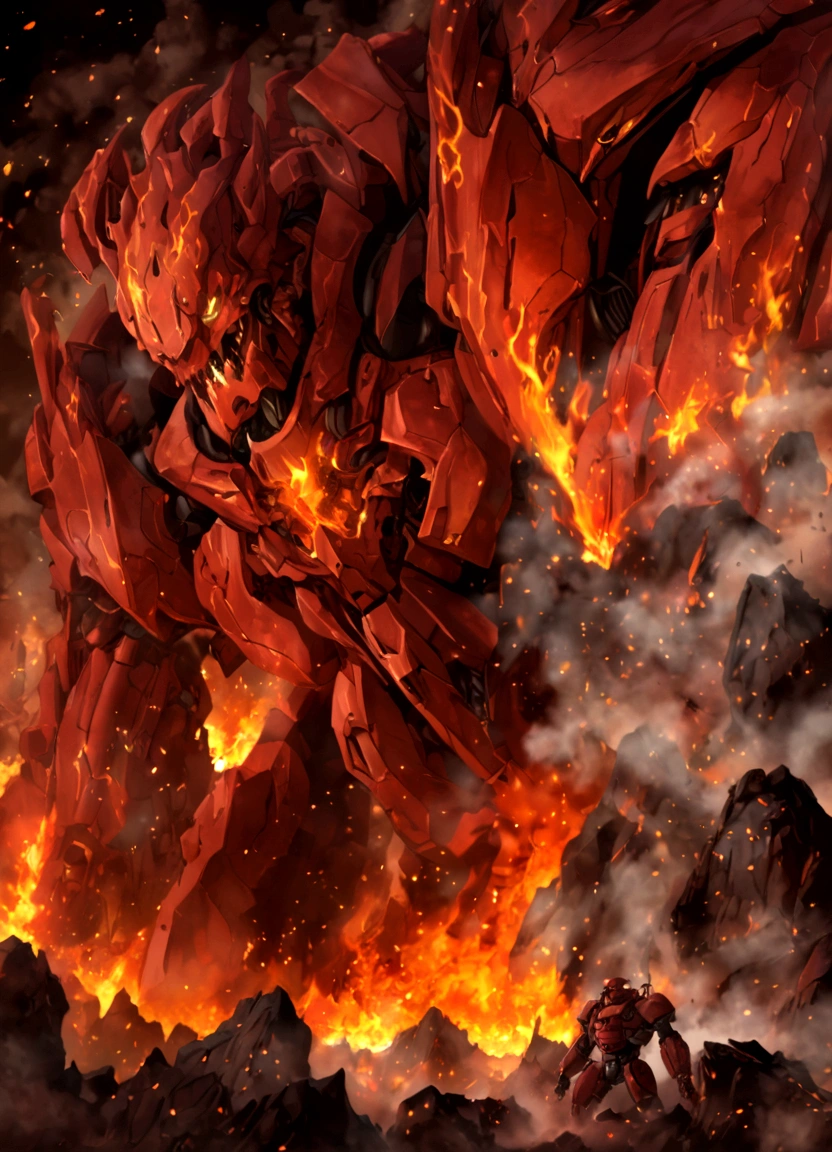 solo, super robot, Evil villains, giant robots that destroy the world, red demonic mecha with flames, a mecha with face, fire golem creature, destructive colossal mecha as background, lava mecha, fire elemental, mecha vore art epic digital painting, epic full color illustration, background artwork