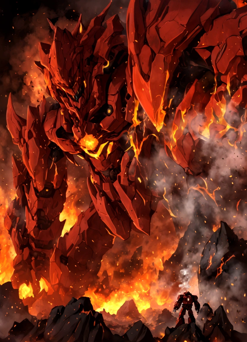 solo, super robot, Evil villains, giant robots that destroy the world, red demonic mecha with flames, a mecha with face, fire golem creature, destructive colossal mecha as background, lava mecha, fire elemental, mecha vore art epic digital painting, epic full color illustration, background artwork