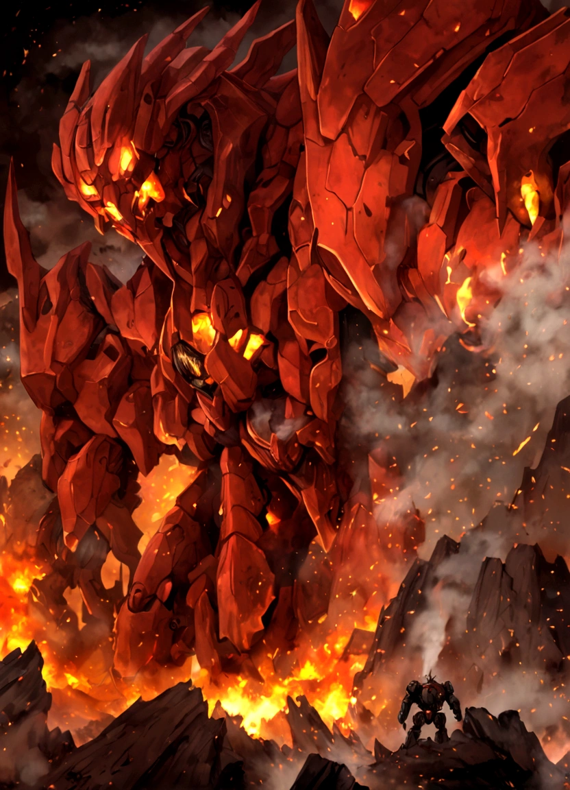 solo, super robot, Evil villains, giant robots that destroy the world, red demonic mecha with flames, a mecha with face, fire golem creature, destructive colossal mecha as background, lava mecha, fire elemental, mecha vore art epic digital painting, epic full color illustration, background artwork