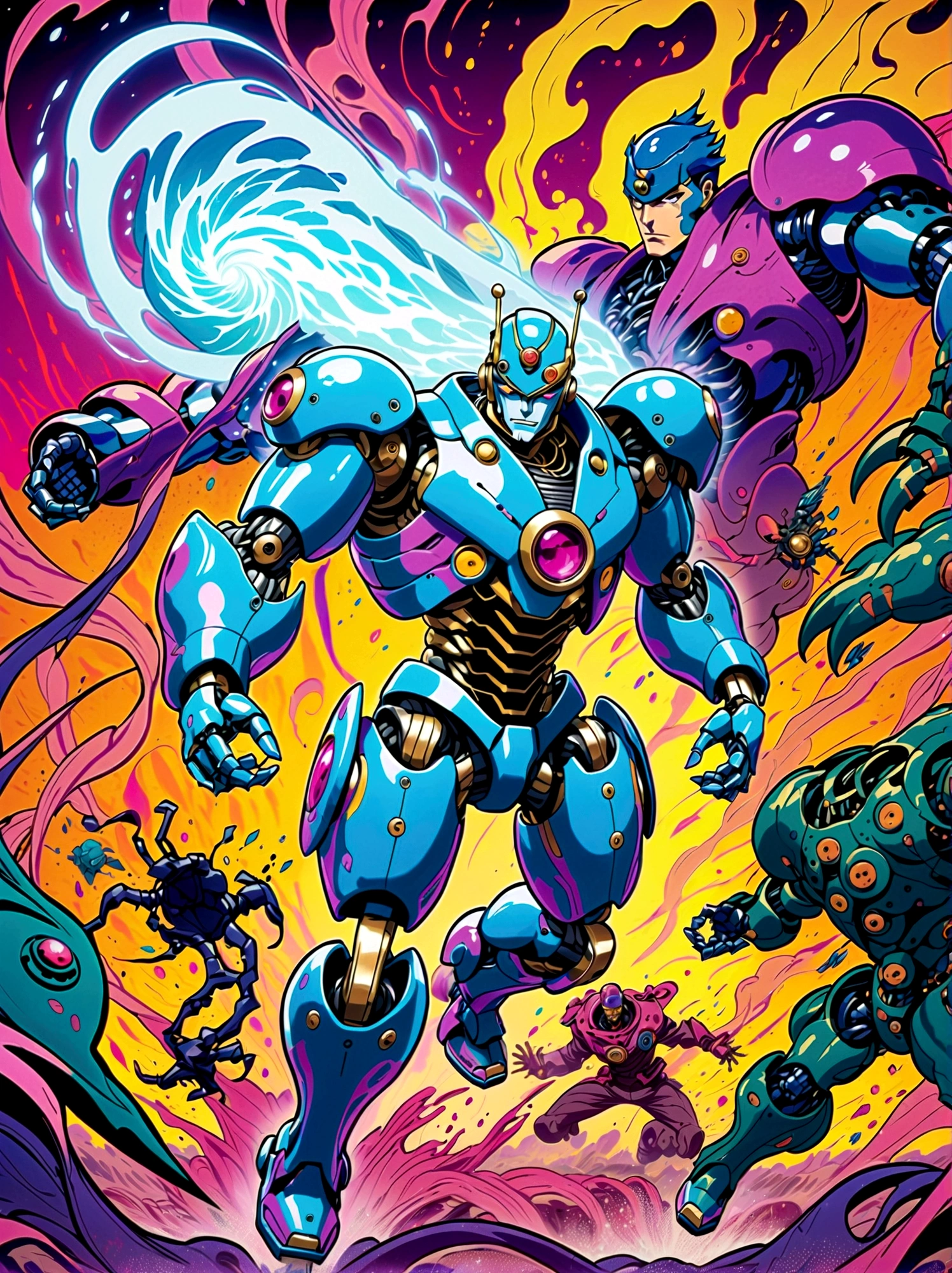 A robot with mechanical hands and feet, dressed in a cyberpunk style of , surrounded by energy waves, fighting against an army of monsters. It is depicted as the main character from JoJo's Bizarre Adventure, illustrated in the style of colorful comic book art. The background features vibrant colors and dynamic action poses.