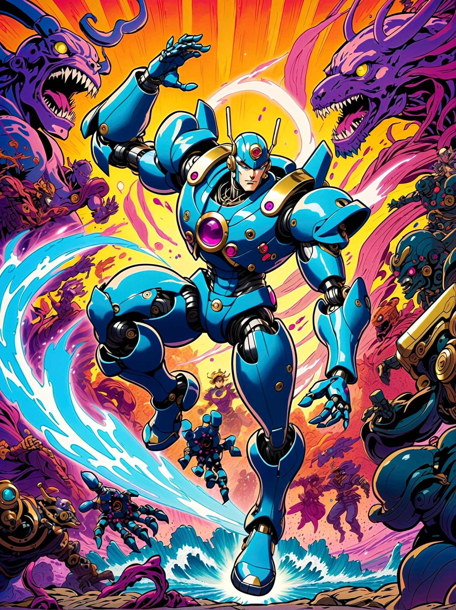 A robot with mechanical hands and feet, dressed in a cyberpunk style of , surrounded by energy waves, fighting against an army of monsters. It is depicted as the main character from JoJo's Bizarre Adventure, illustrated in the style of colorful comic book art. The background features vibrant colors and dynamic action poses.