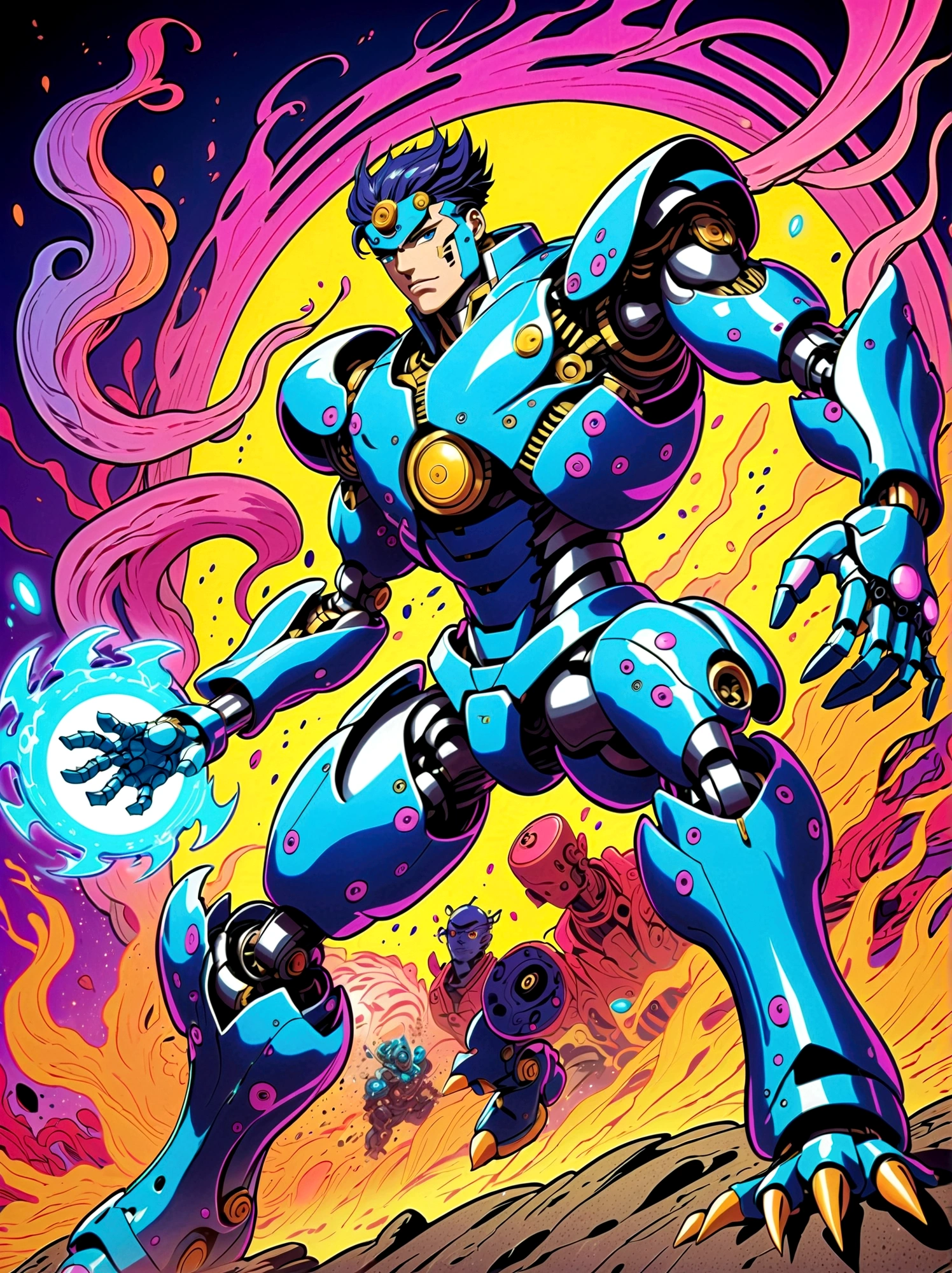 A robot with mechanical hands and feet, dressed in a cyberpunk style of , surrounded by energy waves, fighting against an army of monsters. It is depicted as the main character from JoJo's Bizarre Adventure, illustrated in the style of colorful comic book art. The background features vibrant colors and dynamic action poses.