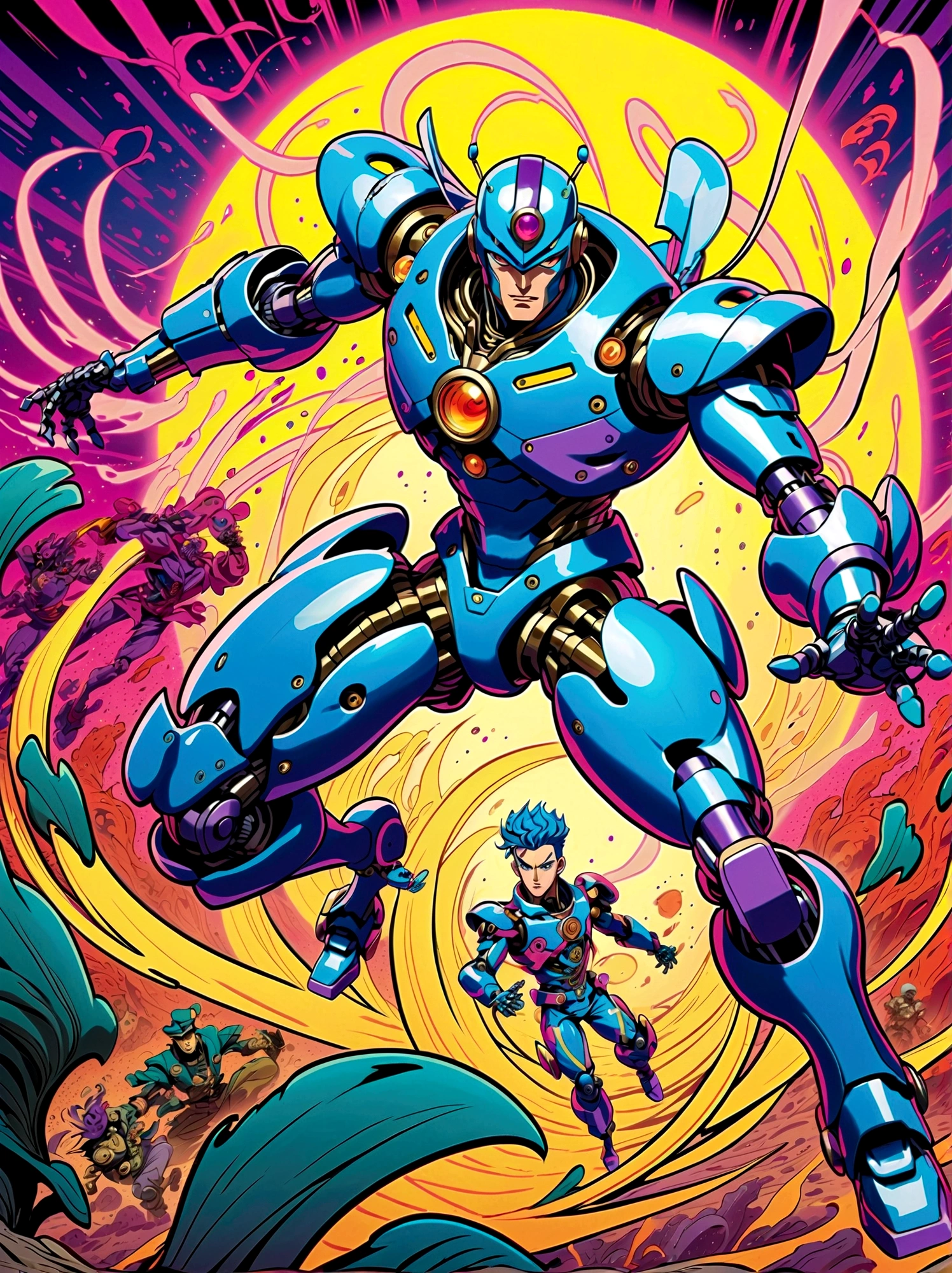 A robot with mechanical hands and feet, dressed in a cyberpunk style of , surrounded by energy waves, fighting against an army of monsters. It is depicted as the main character from JoJo's Bizarre Adventure, illustrated in the style of colorful comic book art. The background features vibrant colors and dynamic action poses.