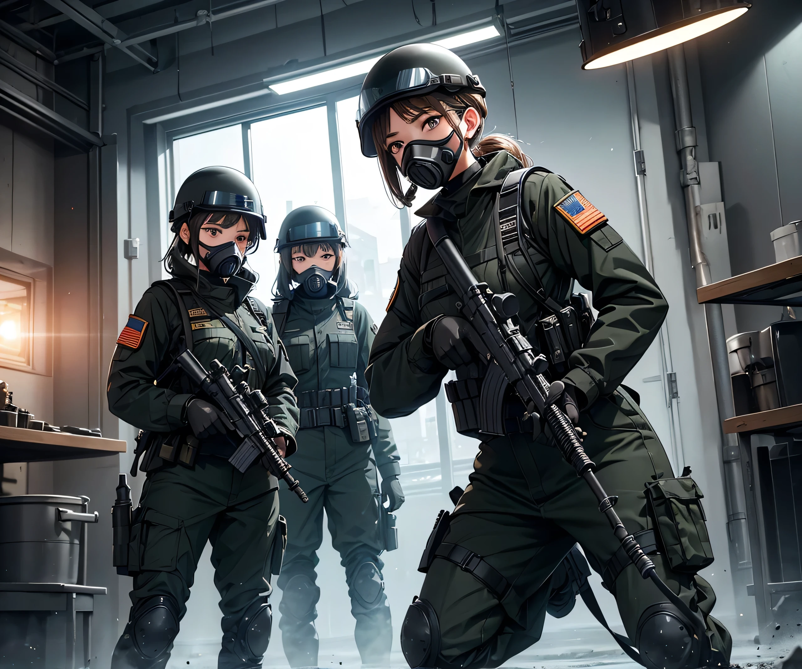 Three female soldiers standing at attention、Wear a black helmet、Wearing black M-15 military uniform、Gas Mask、Goggles、Only the upper part of the leg is shown、Write details、masterpiece、best quality、Highly detailed CG、8K picture quality、theater lighting、lens flare