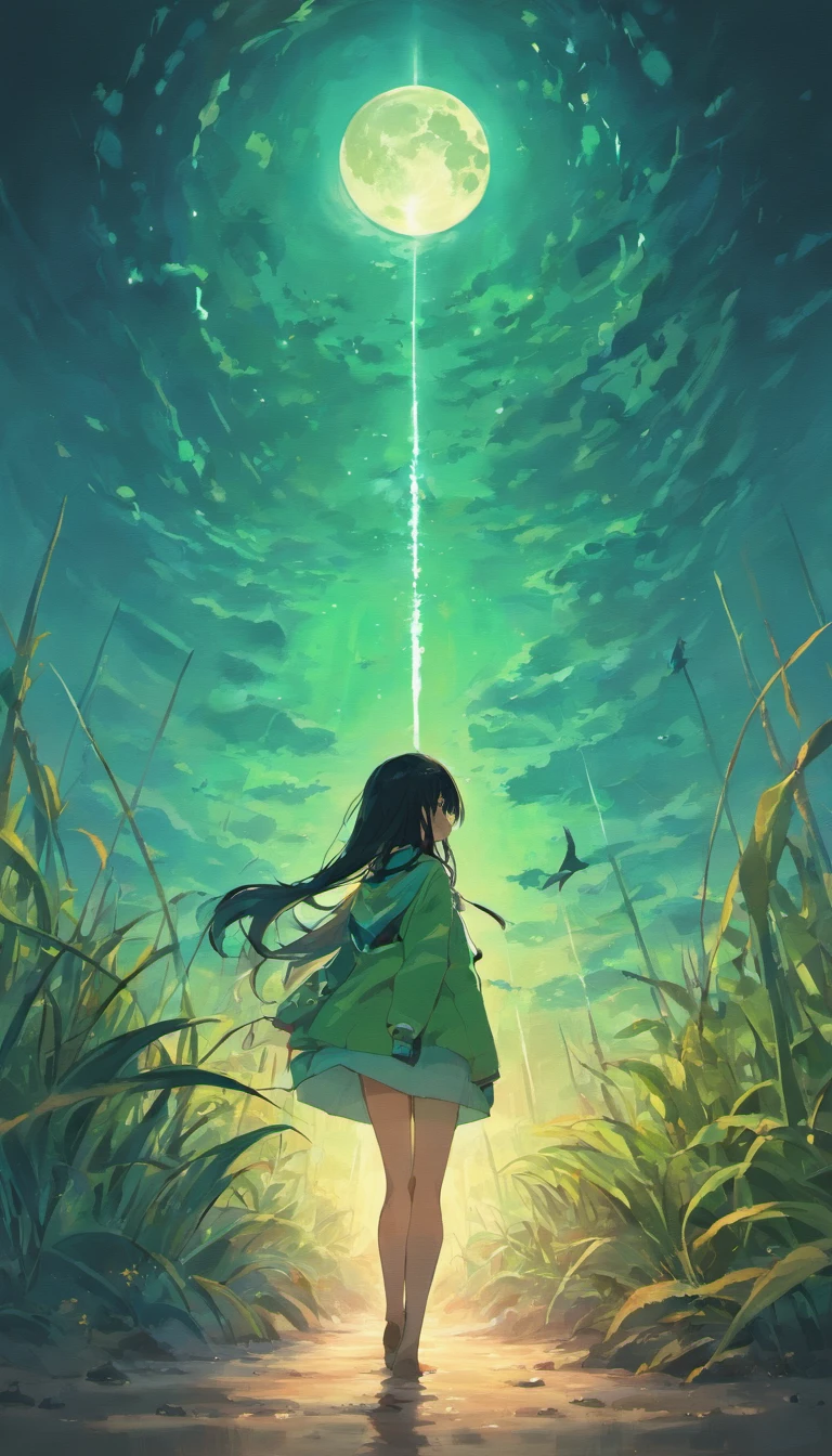 desert, oasis, night, moon, moon light, star, starsky, milky way, Silence, Tranquility, water, Water surface, reflection, Palm tree, silhouette, Shadow, Sand Dunes, Wind lines, green, blue, Group green color, black, white, silver, mystery, Fantasy, beautiful, grow, Magnificent, Cold air, Warm air, Temperature difference, mirage, animal, Fox, Scorpion, Snake, bird, owl, Bat, plant, Cactus, flower, bloom, vitality, contrast, dramatic, Shadow Art, mystery, Romance, expedition, adventure, Lonely, The World of Silence, time, forever, Take a deep breath, Healing, peace, Gems of the Desert, Hidden Paradise,beautiful Anime Scenery, Landscape painting, Beautiful digital painting, Andreas Rocha, Beautiful artwork illustration, Awesome Wallpapers, Raymond Han, tall beautiful painting, Studio Greeble Makoto Shinkai, Beautiful Wallpaper, Anime Scenery、beautiful girl、Standing Alone、Back view、Long black hair
