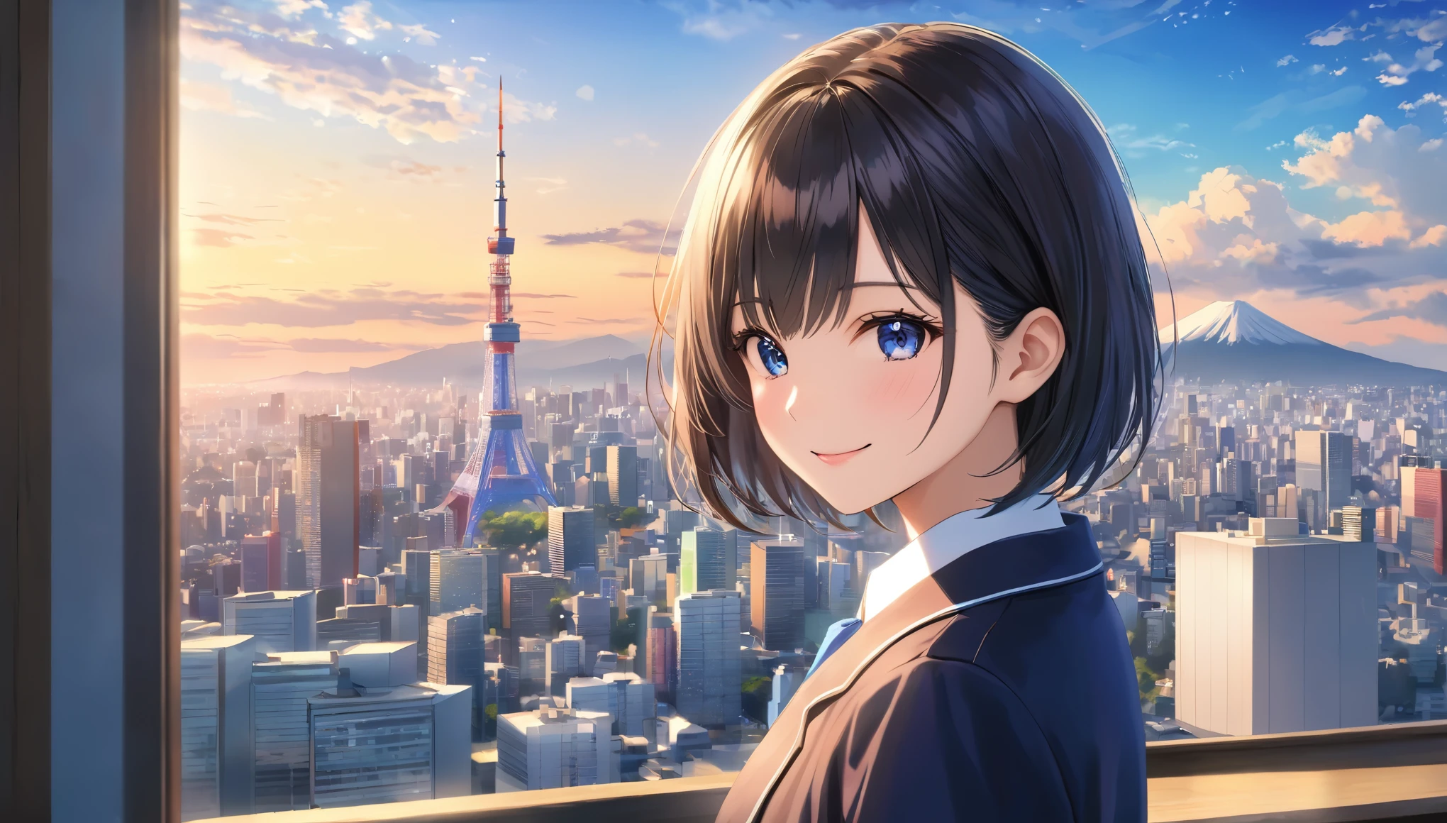 Downtown Tokyo, Sunny sky with fluffy white clouds, Building district, Blur the background,A high school girl with short black hair, Wearing a high ,smile,Glitter effect,highest quality, 4K, 8k, High resolution, masterpiece:1.2, Very detailed, Realistic:1.37, High resolution, 超High resolution, Studio Lighting, Ultra-fine painting, Sharp focus, Physically Based Rendering, Very detailedな説明, Professional, Vibrant colors, Portraiture, landscape, photograph. Blue dominates the color palette