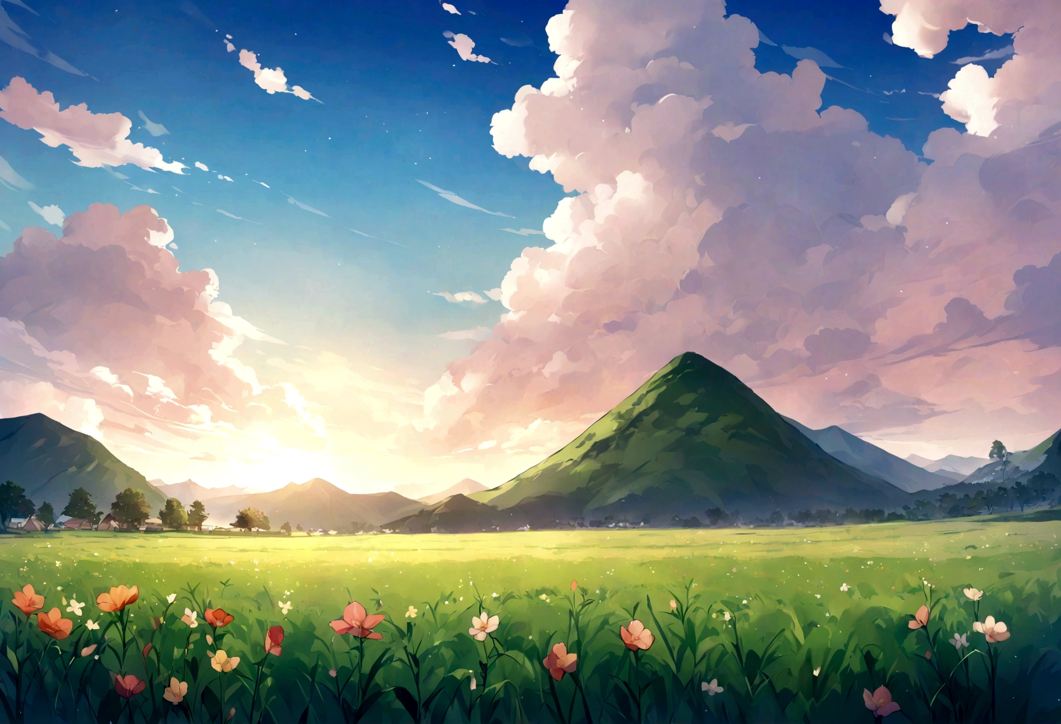 Anime, hermoso sendero, flores, campo, cielo azul, nubes, green fields and mountains 