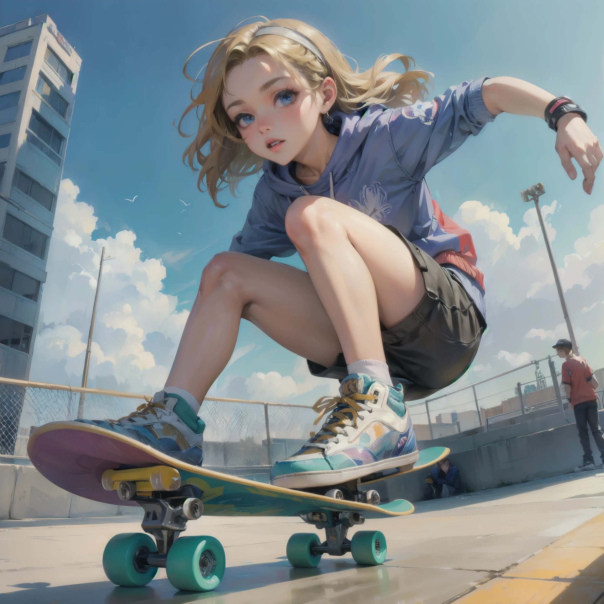  masterpiece, (textured skin), best quality, gorgeous beautiful girl, (a female skateboard athlete), detailed clothes,large breasts,narrow waist,, (beautiful face), cinematic lighting, (at skateboard venue),