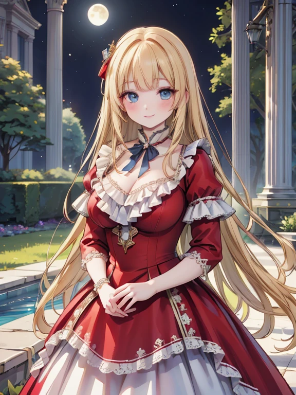 masterpiece, highest quality, Very detailed, 16k, Ultra-high resolution, Cowboy Shot, Nikon, Detailed face, Perfect Fingers, 22-year-old woman, smile, Big Breasts, blue eyes, Blonde, Very Long Hair, victorian dress, (Red dress:1.5), Moonlit Night, Royal Palace Garden, Evening Party