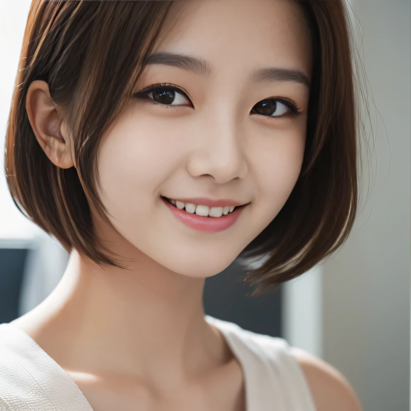 4k, High Resolution, Masterpiece, Best Quality, (Korean K-pop Idol), Face Highlighting, Pure, Girly, Flushing, 18-year-old smiling female classmate, Pure, Innocent, (Cinema Lighting), Clavicle, Morning, Soft Light, Dynamic Angle, [: (detailed face:1.2):0.2], tight vest, (medium close-up)