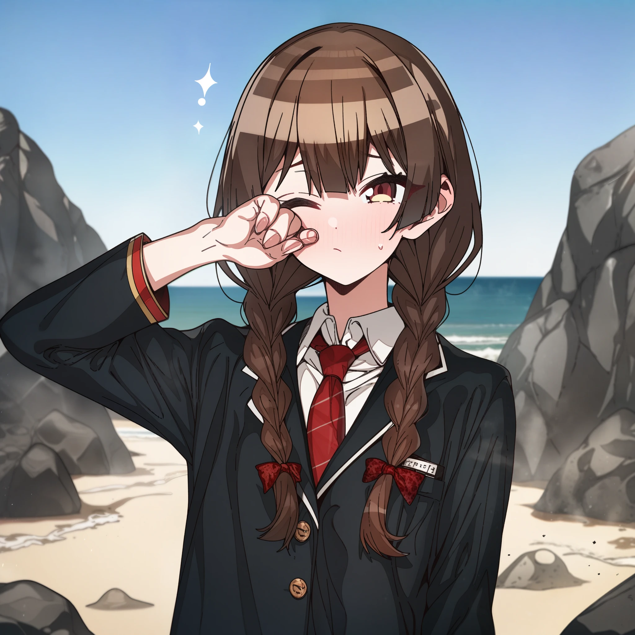 houshou_marine with brown hair and brown eyes, Artist, erere, Copyrights, idolmaster, idolmaster_shiny_colors, Character, General, 1girl, brown_hair, blunt_bangs, blush, medium_breasts, breasts, detailed eyelashes, beatiful girl:1, brown_eyes, censored, school_uniform, black pleated skirt:0.7, black blazer:0.5, white shirt, red tie, twin_braids, :|:0.5, (full_body) (standing in middle, beach, rocks), sky:0.7, half-closed_eyes, detailed, sand, outdoors, from_side, looking_at_viewer, masterpiece, best_quality, great_quality, girl, solo, center_composition, centered character, cute, rubbing_eyes, sleepy

