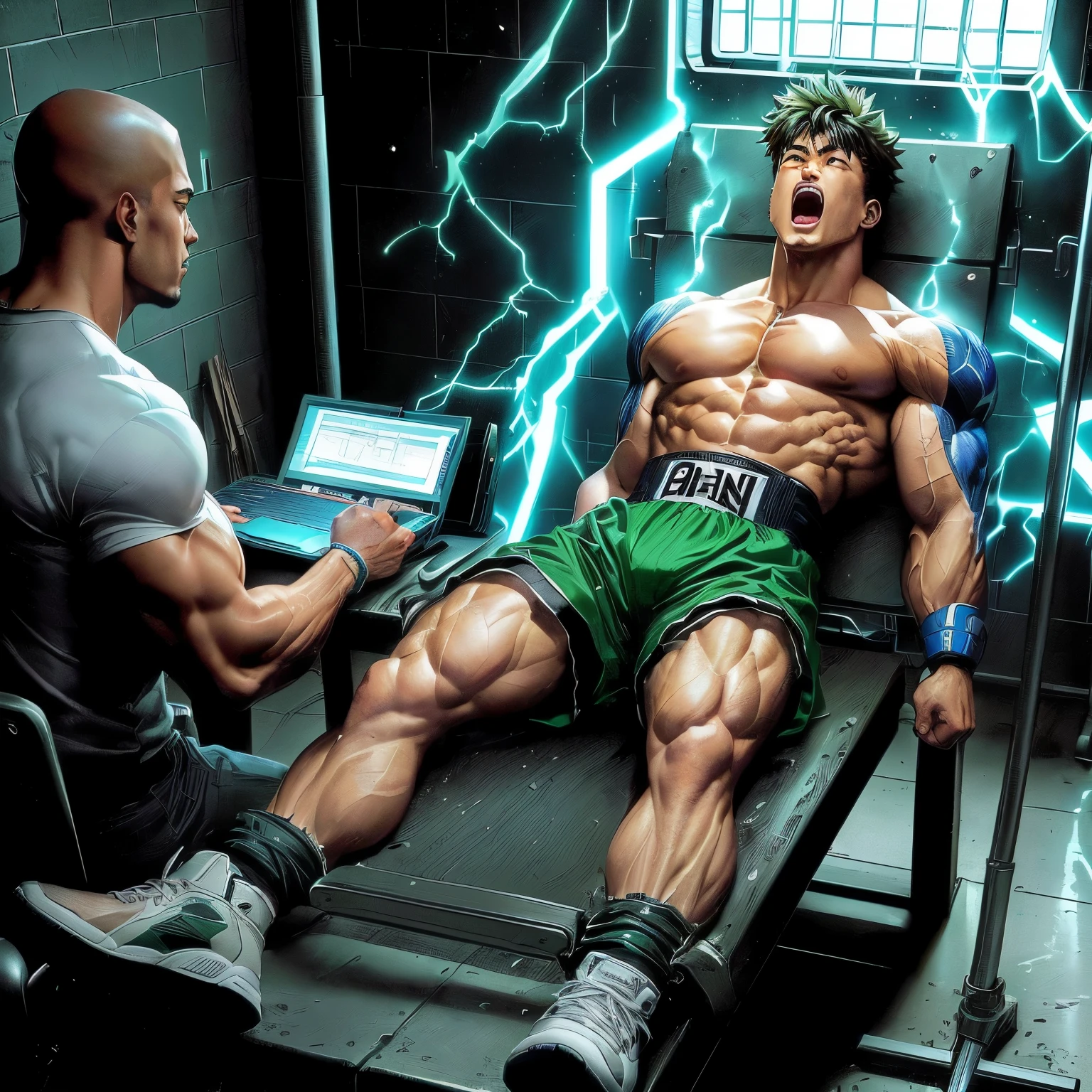 anime character sitting on a bench with a laptop and a man in a jail cell, baki the grappler, baki, baki style, hajime no ippo manga inspired, son goku as the incredible hulk, muscular!! sci-fi, muscular and terrifying, exaggerated muscle physique, muscular!!, muscular!, by Mark Brooks